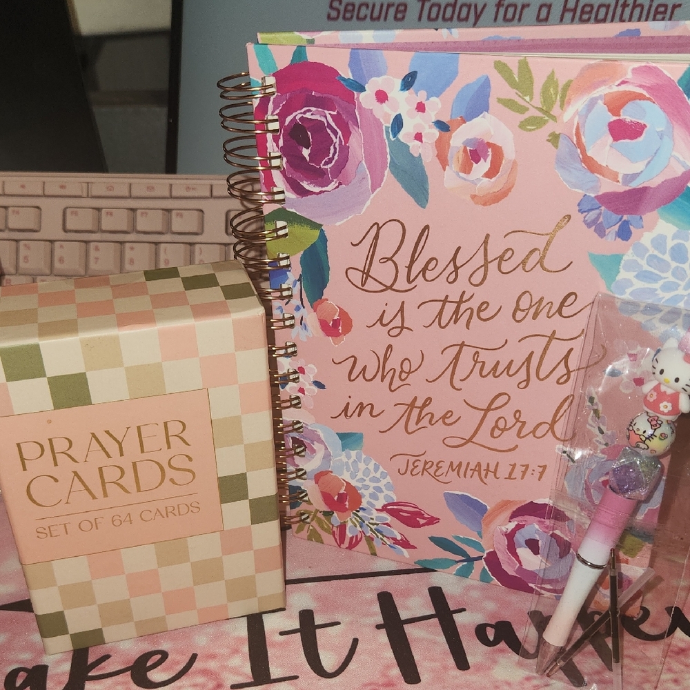 Floral Notebook Inspirational Quote, Prayer Cards, and Hello Kitty Pen